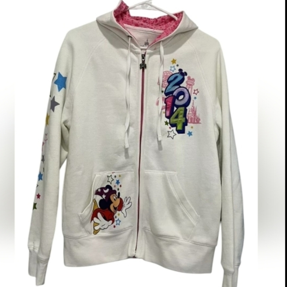 Disney Parks Mickey Mouse sorcerer White Hoodie Sweatshirt 2014 Full Zip Sz M